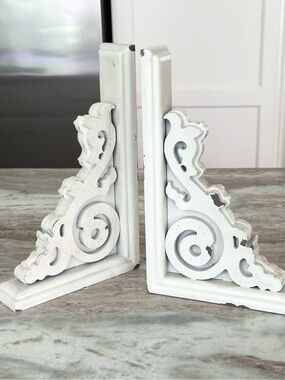 Set of 2 Decorative White Distressed Wood Scroll Corbels - Bookends / Farmhouse